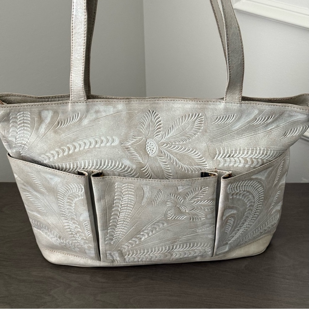 Made by JL Salivar, in Paraguay.  Cream Tooled Leather Tote Bag.